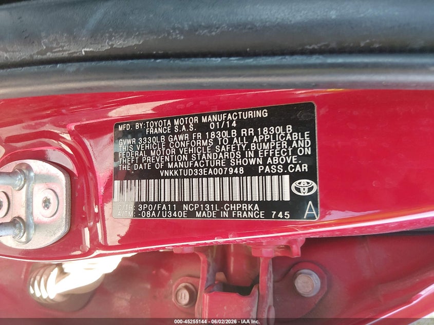 2014 Toyota Yaris VIN VNKKTUD33EA007948 IAAI salvage auction — FRONT END, Salvage (Arizona), sold $700 on 2026-08-02 (photo 9)