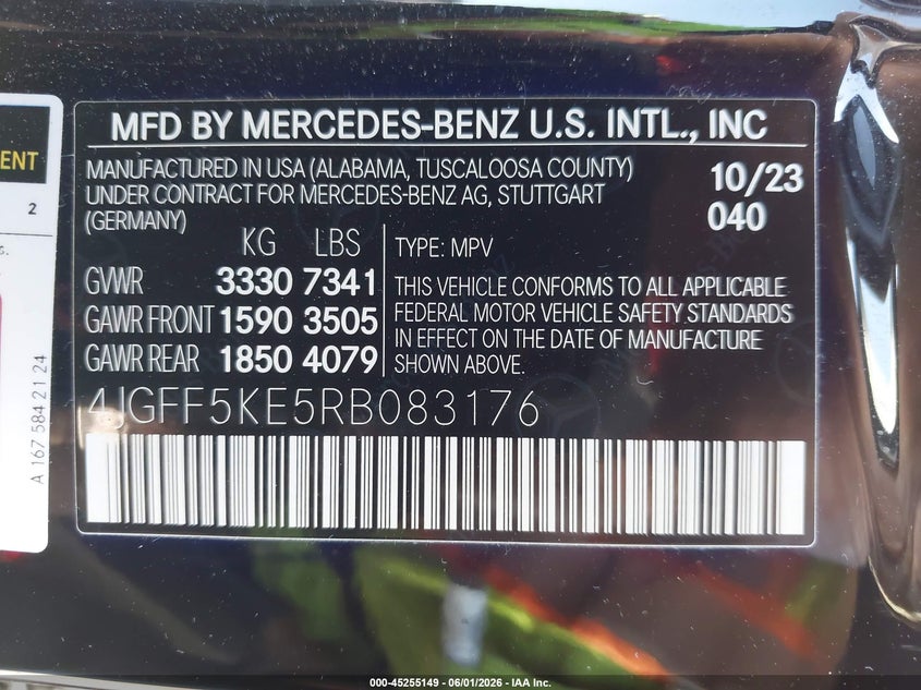 2024 Mercedes-benz Gls-klasse VIN 4JGFF5KE5RB083176 IAAI salvage auction — LEFT REAR, Salvage Title, sold $28,200 on 2026-08-24 (photo 9)