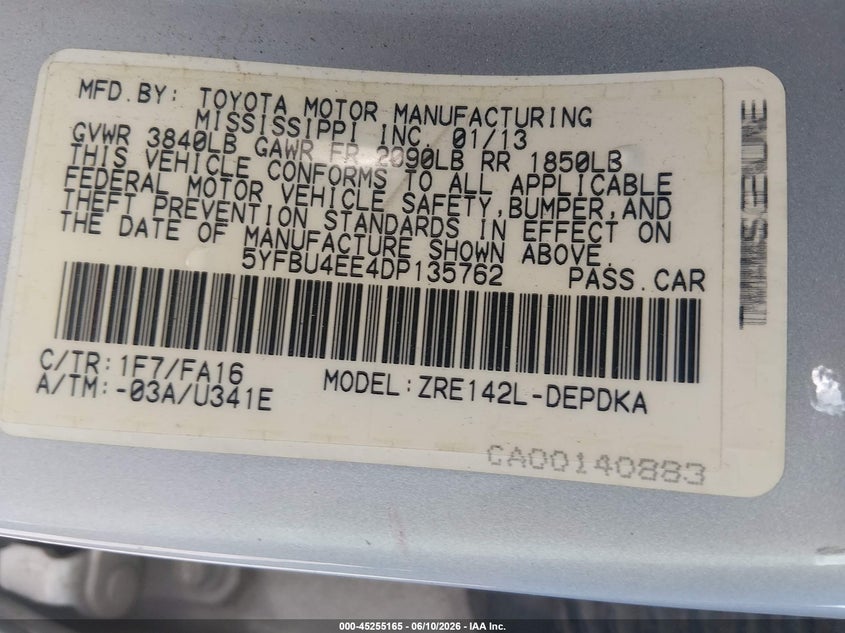 2013 Toyota Corolla VIN 5YFBU4EE4DP135762 IAAI salvage auction — FRONT END, Salvage (South Carolina), sold $900 on 2026-07-15 (photo 9)