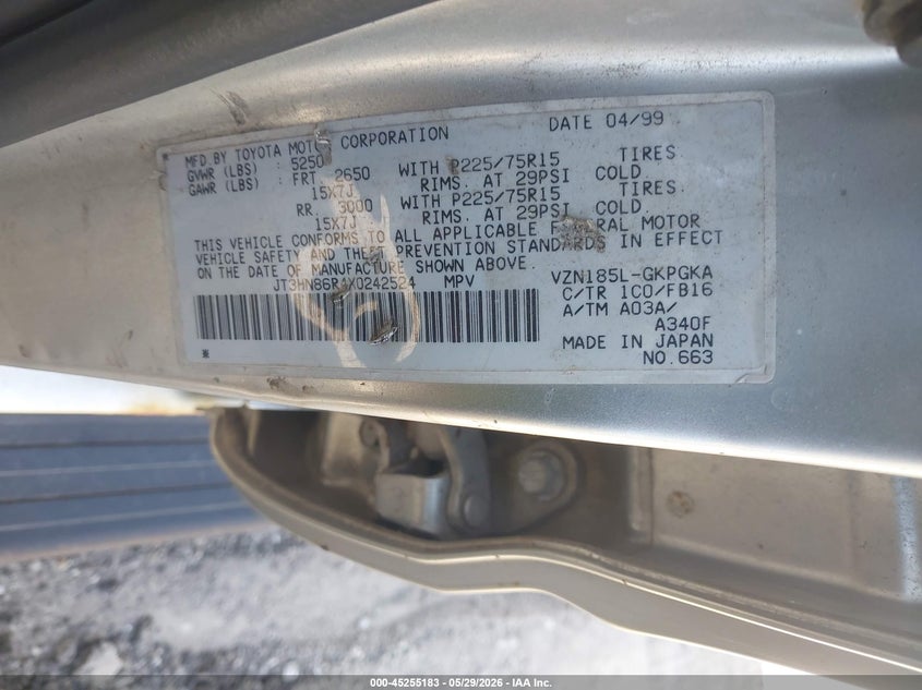 1999 Toyota 4runner VIN JT3HN86R4X0242524 IAAI salvage auction — NORMAL WEAR, Clear-Endorsement (Wisconsin), sold $1,375 on 2026-07-07 (photo 9)