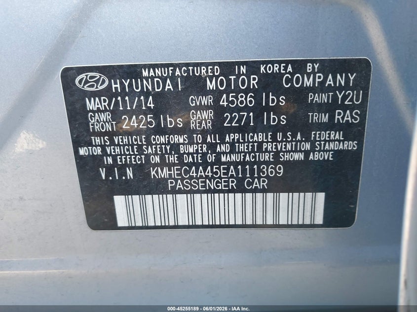 2014 Hyundai Sonata VIN KMHEC4A45EA111369 IAAI salvage auction — NORMAL WEAR, Clear (Arizona), sold $1,625 on 2026-07-07 (photo 9)