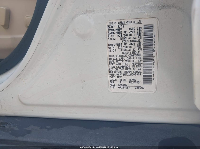 2020 Nissan Rogue VIN JN8AT2MT2LW002916 IAAI salvage auction — RIGHT SIDE, Salvage Title, sold $1,550 on 2026-07-29 (photo 9)