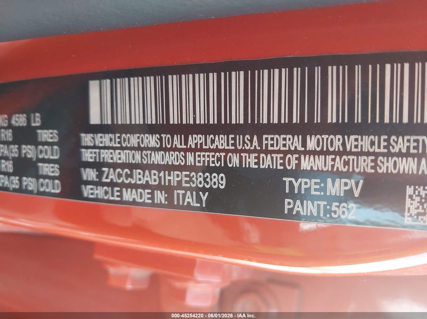 2017 Jeep Renegade VIN ZACCJBAB1HPE38389 IAAI salvage auction — FRONT END, Regular (South Dakota), sold $650 on 2026-08-18 (photo 9)