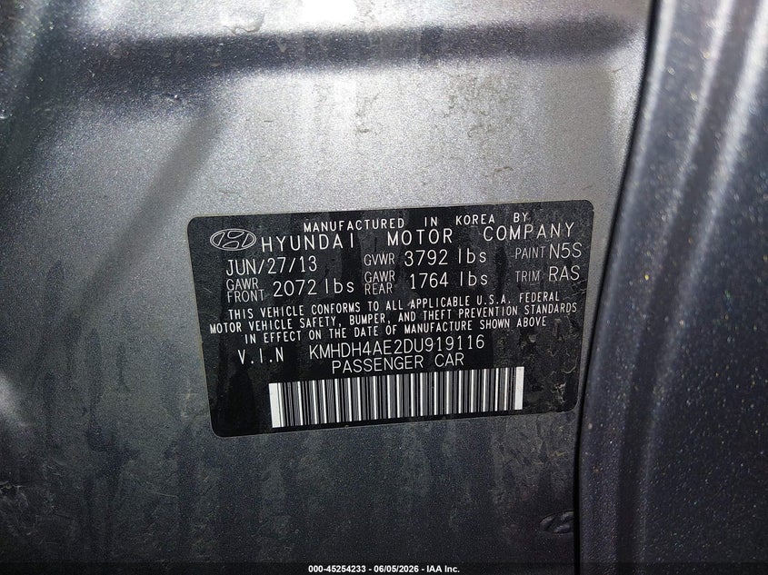 2013 Hyundai Elantra VIN KMHDH4AE2DU919116 IAAI salvage auction — HAIL, Salvage (Iowa), sold $1,200 on 2026-07-21 (photo 9)