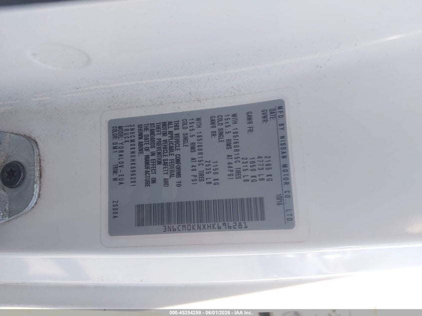 2017 Nissan Nv200 VIN 3N6CM0KNXHK696281 IAAI salvage auction — FRONT END, Salvage Title, sold $675 on 2026-07-31 (photo 9)