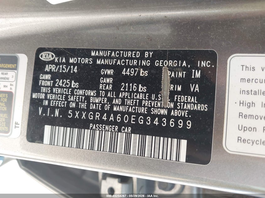 2014 Kia Optima VIN 5XXGR4A60EG343699 IAAI salvage auction — FRONT END, Salvage Title, sold $1,900 on 2026-07-11 (photo 9)