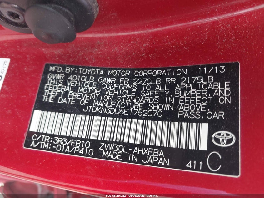 2014 Toyota Prius VIN JTDKN3DU6E1752070 IAAI salvage auction — LEFT SIDE, Salvage (Massachusetts), sold $1,550 on 2026-07-24 (photo 9)