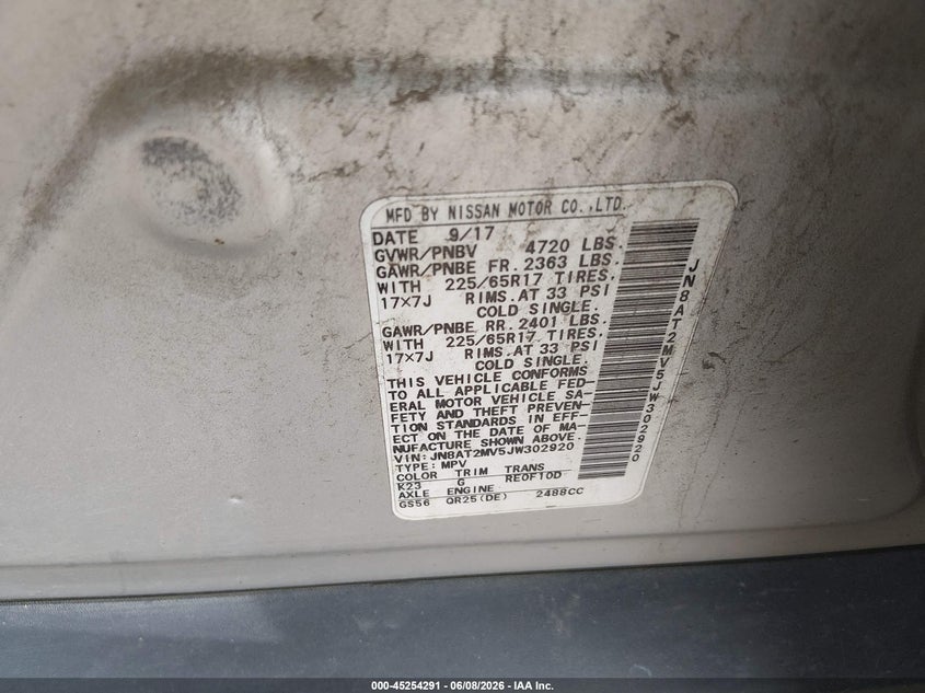 2018 Nissan Rogue VIN JN8AT2MV5JW302920 IAAI salvage auction — FRONT END, Salvage Title, sold $625 on 2026-07-23 (photo 9)
