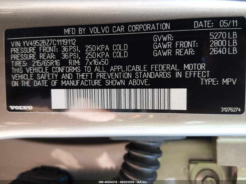2012 Volvo Xc70 VIN YV4952BZ7C1119112 IAAI salvage auction — RIGHT SIDE, Salvage (Oregon), sold $1,175 on 2026-08-17 (photo 9)