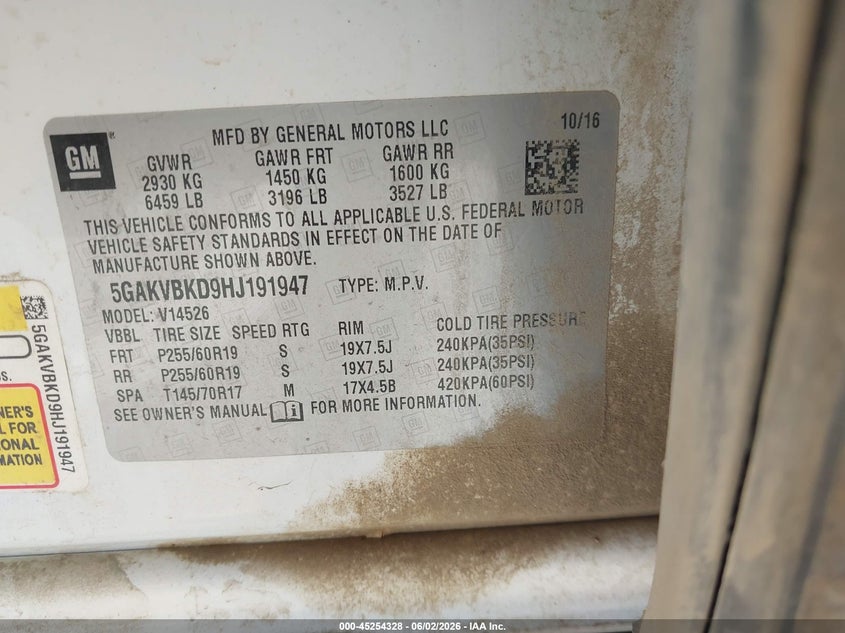2017 Buick Enclave VIN 5GAKVBKD9HJ191947 IAAI salvage auction — FRONT END, Prior Salvage (Minnesota), sold $1,350 on 2026-07-27 (photo 9)