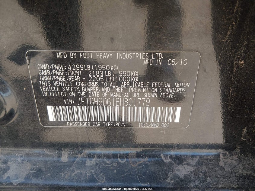 2011 Subaru Impreza VIN JF1GH6D61BH801779 IAAI salvage auction — NORMAL WEAR, Clear - Dealer Only (California), sold $375 on 2026-07-29 (photo 9)