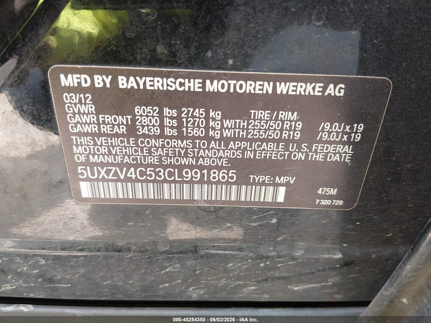 2012 BMW X5 VIN 5UXZV4C53CL991865 IAAI salvage auction — REPOSSESSION, Salvage Title, sold $450 on 2026-07-24 (photo 9)