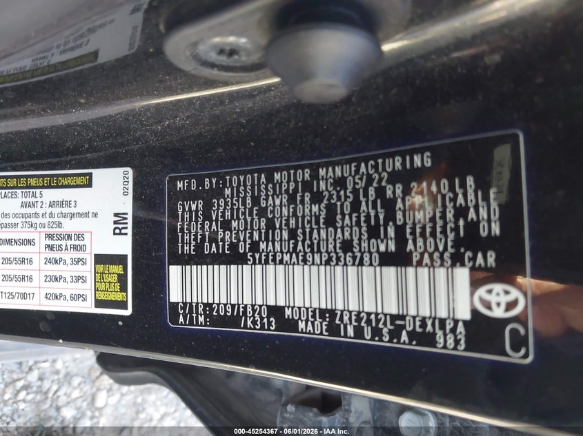 2022 Toyota Corolla VIN 5YFEPMAE9NP336780 IAAI salvage auction — LEFT SIDE, Salvage Title, sold $2,550 on 2026-07-29 (photo 9)