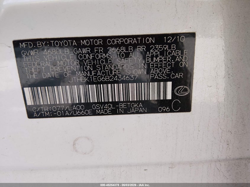 2011 Lexus Es 350 VIN JTHBK1EG6B2434637 IAAI salvage auction — FRONT END, Salvage (Alabama), sold $600 on 2026-07-30 (photo 9)