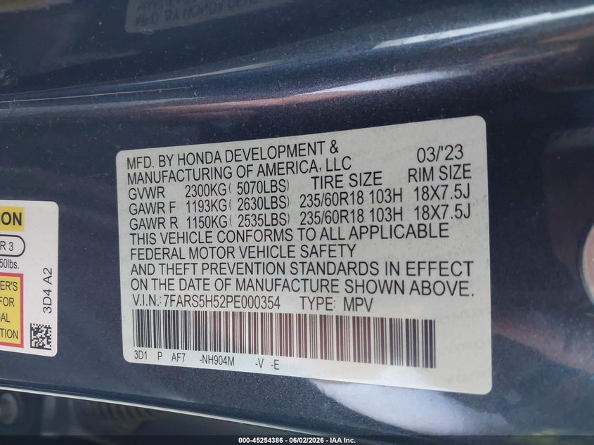 2023 Honda Cr-v VIN 7FARS5H52PE000354 IAAI salvage auction — FRONT END, Salvage Title, sold $9,300 on 2026-07-28 (photo 9)