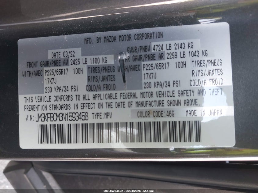 2022 Mazda Cx-5 VIN JM3KFBCM3N1593458 IAAI salvage auction — FRONT END, Mv-907A (New York), sold $5,300 on 2026-08-01 (photo 9)
