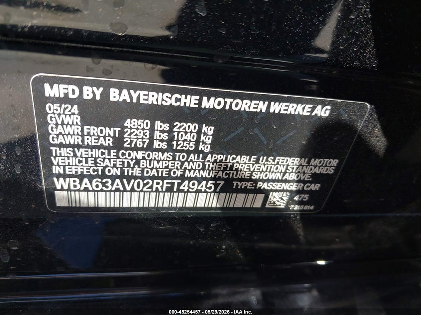 2024 BMW 4er VIN WBA63AV02RFT49457 IAAI salvage auction — FRONT END, Salvage Title, sold $17,200 on 2026-07-29 (photo 9)