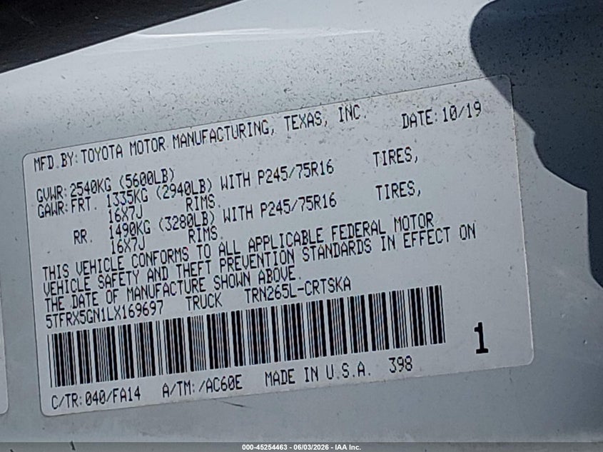 2020 Toyota Tacoma VIN 5TFRX5GN1LX169697 IAAI salvage auction — REAR END, Salvage Title, sold $6,700 on 2026-07-08 (photo 9)