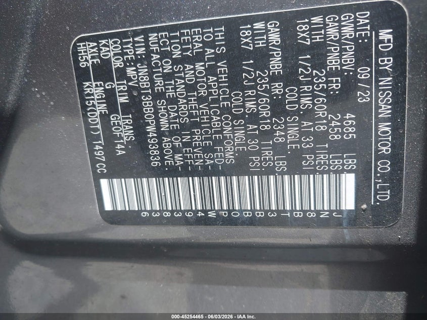 2023 Nissan Rogue VIN JN8BT3BB0PW493836 IAAI salvage auction — REAR END, Salvage Title, sold $3,750 on 2026-07-21 (photo 9)