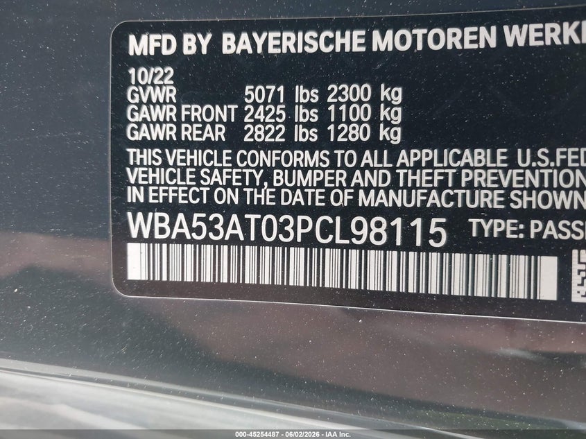 2023 BMW 4er VIN WBA53AT03PCL98115 IAAI salvage auction — FRONT END, Salvage Title, sold $17,550 on 2026-07-08 (photo 9)
