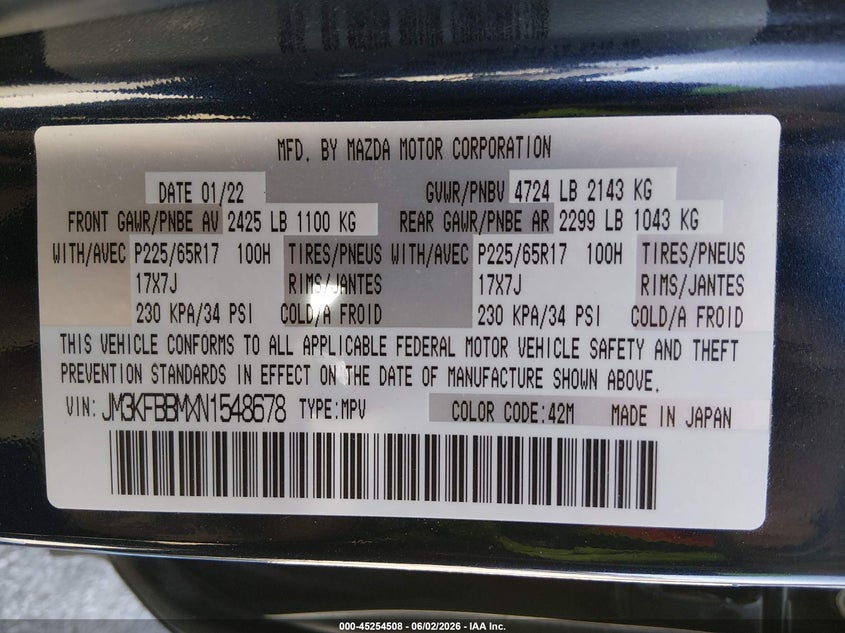 2022 Mazda Cx-5 VIN JM3KFBBMXN1548678 IAAI salvage auction — SIDE, Salvage Title, sold $6,150 on 2026-07-07 (photo 9)