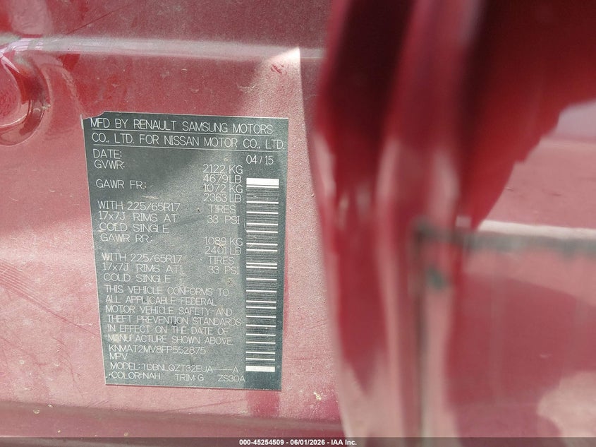 2015 Nissan Rogue VIN KNMAT2MV8FP552875 IAAI salvage auction — FRONT END, Salvage Title, sold $125 on 2026-07-21 (photo 9)