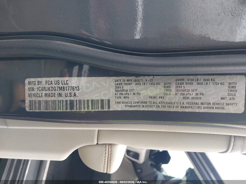 2021 Jeep Grand cherokee VIN 1C4RJKDG7M8177613 IAAI salvage auction — FRONT END, Salvage (Georgia), sold $8,700 on 2026-07-31 (photo 9)