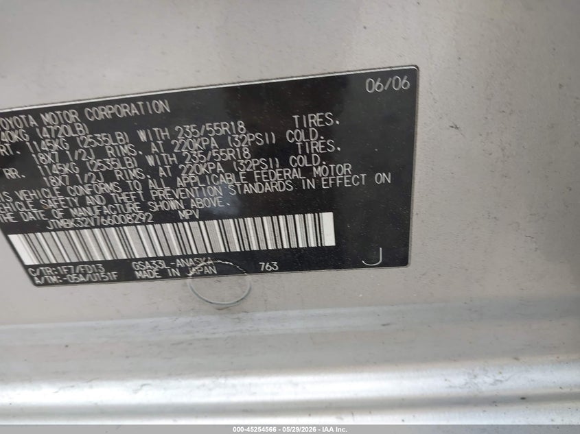 2006 Toyota Rav 4 VIN JTMBK32V766008292 IAAI salvage auction — NORMAL WEAR, Reconstructed (Massachusetts), sold $575 on 2026-07-07 (photo 9)
