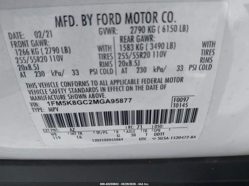 2021 Ford Explorer VIN 1FM5K8GC2MGA95877 IAAI salvage auction — REAR END, Salvage Title, sold $12,500 on 2026-07-29 (photo 9)