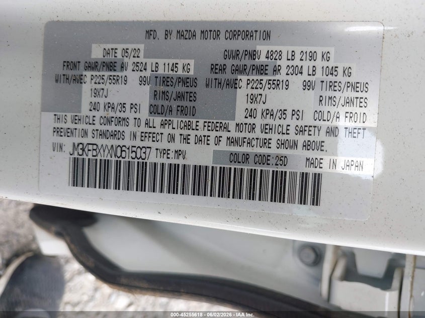 2022 Mazda Cx-5 VIN JM3KFBXYXN0615037 IAAI salvage auction — LEFT & RIGHT, Salvage Title, sold $2,800 on 2026-07-10 (photo 9)