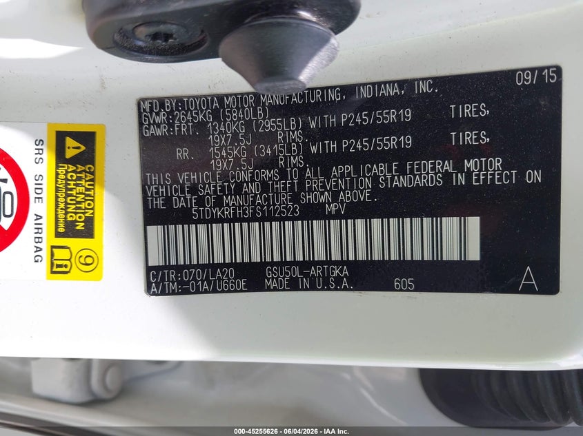 2015 Toyota Highlander VIN 5TDYKRFH3FS112523 IAAI salvage auction — RIGHT SIDE, Salvage Title, sold $5,600 on 2026-07-29 (photo 9)