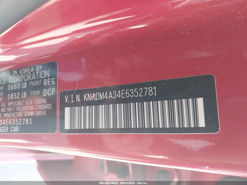 2014 Kia Rio VIN KNADM4A34E6352781 IAAI salvage auction — NORMAL WEAR, Salvage Title, sold $275 on 2026-07-09 (photo 9)