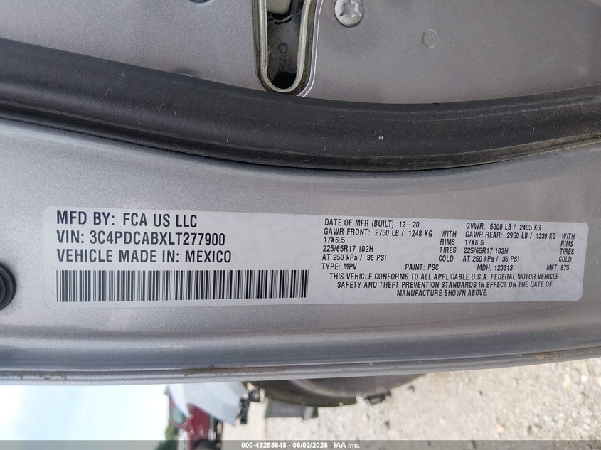 2020 Dodge Journey VIN 3C4PDCABXLT277900 IAAI salvage auction — FRONT END, Salvage Title, sold $1,050 on 2026-07-22 (photo 9)