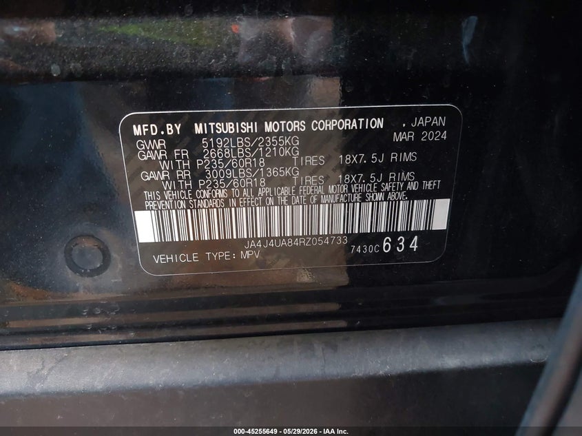 2024 Mitsubishi Outlander VIN JA4J4UA84RZ054733 IAAI salvage auction — RIGHT FRONT, Salvage (Arizona), sold $75 on 2026-07-28 (photo 9)