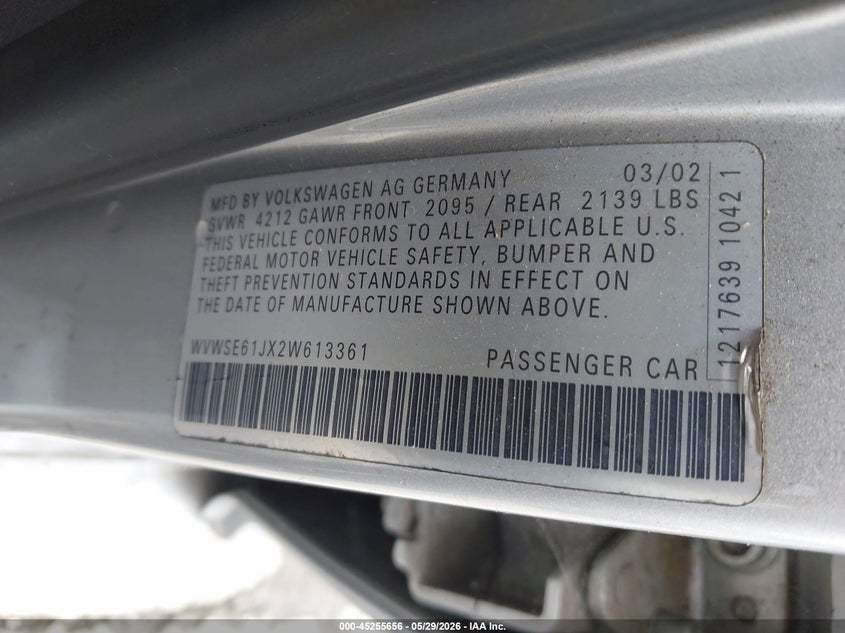 2002 Volkswagen Jetta VIN WVWSE61JX2W613361 IAAI salvage auction — NORMAL WEAR, Salvage (California), sold $25 on 2026-07-27 (photo 9)