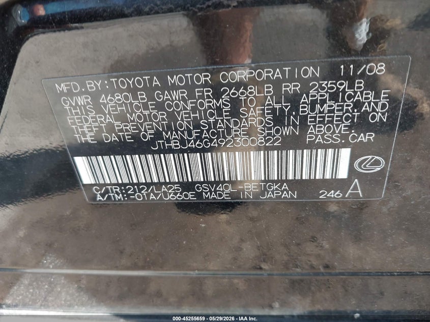2009 Lexus Es 350 VIN JTHBJ46G492300822 IAAI salvage auction — NORMAL WEAR, Clear (New York), sold $575 on 2026-07-28 (photo 9)