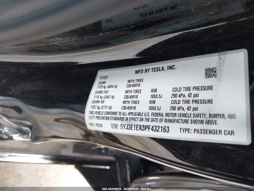 2023 Tesla Model 3 VIN 5YJ3E1EA3PF432163 IAAI salvage auction — LEFT SIDE, Salvage (California), sold $6,075 on 2026-07-30 (photo 9)
