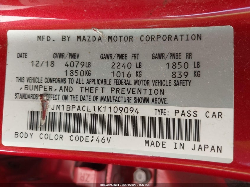 2019 Mazda 3 VIN JM1BPACL1K1109094 IAAI salvage auction — REAR END, Original (Texas), sold $3,150 on 2026-07-29 (photo 9)