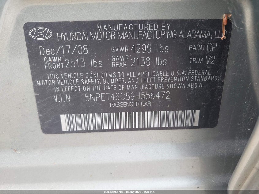 2009 Hyundai Sonata VIN 5NPET46C59H556472 IAAI salvage auction — NORMAL WEAR, Clear (New York), sold $75 on 2026-07-07 (photo 9)