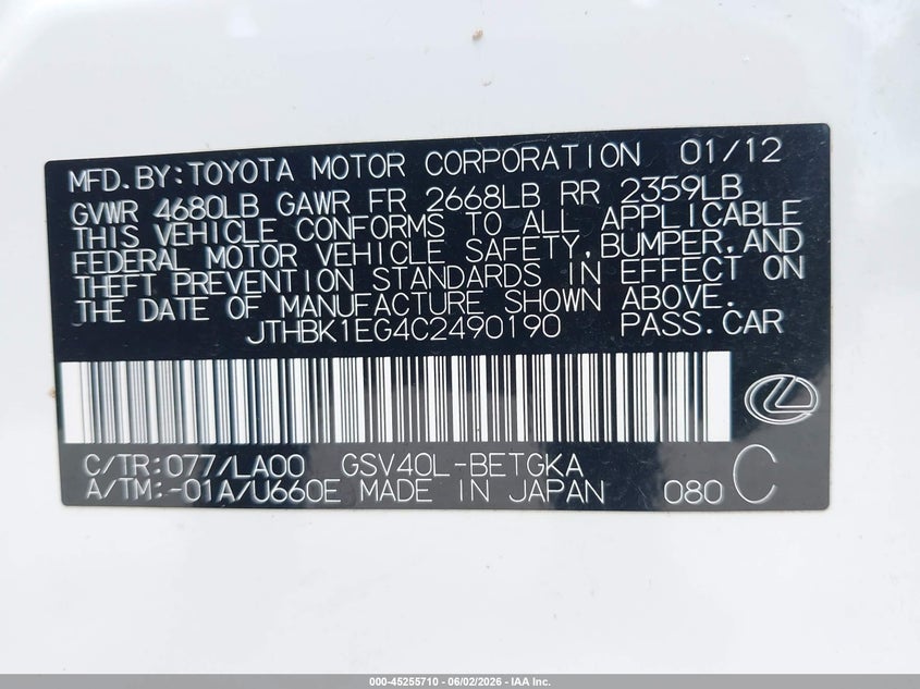 2012 Lexus ES VIN JTHBK1EG4C2490190 IAAI salvage auction — FRONT END, Salvage Title, sold $3,100 on 2026-07-15 (photo 9)