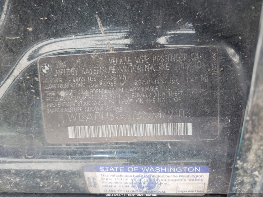 2011 BMW 3 series VIN WBAPH5G51BNM79103 IAAI salvage auction — NORMAL WEAR, Affidavit In Lieu Of Title - Non-Public (Washington), sold $1,275 on 2026-07-22 (photo 9)