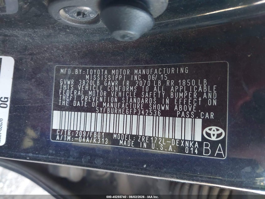 2015 Toyota Corolla VIN 5YFBURHE6FP342536 IAAI salvage auction — NORMAL WEAR, Clear-Dealer Only (Arizona), sold $1,800 on 2026-07-09 (photo 9)
