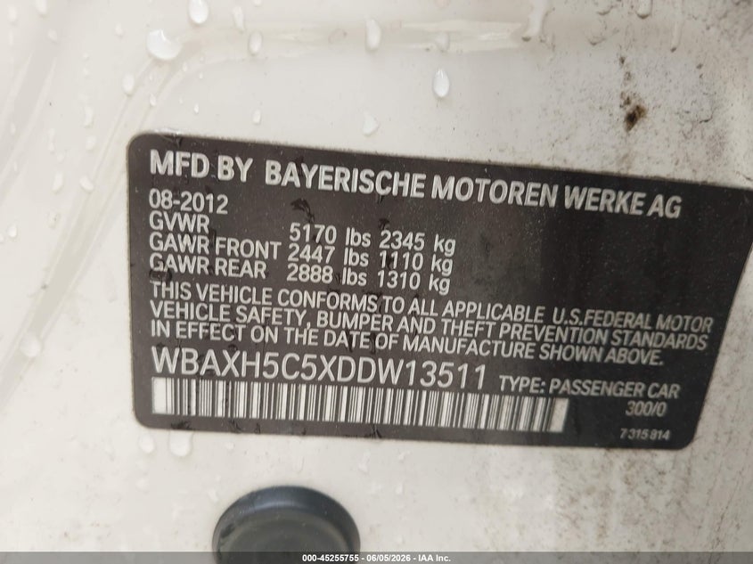 2013 BMW 5er VIN WBAXH5C5XDDW13511 IAAI salvage auction — LEFT REAR, Salvage Title, sold $1,150 on 2026-07-08 (photo 9)