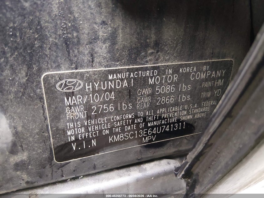 2004 Hyundai Santa fe VIN KM8SC13E64U741311 IAAI salvage auction — FRONT END, Bill Of Sale (Washington), sold $325 on 2026-07-08 (photo 9)