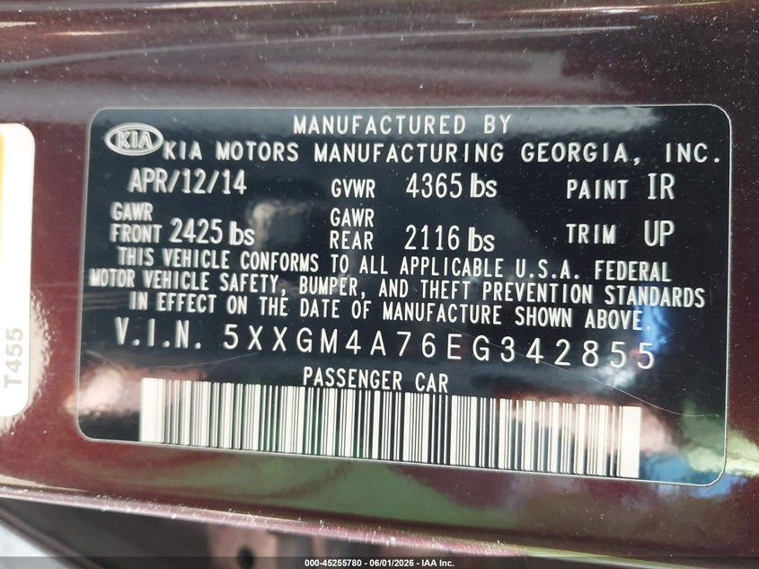 2014 Kia Optima VIN 5XXGM4A76EG342855 IAAI salvage auction — NORMAL WEAR, Clear (Arizona), sold $575 on 2026-07-21 (photo 9)