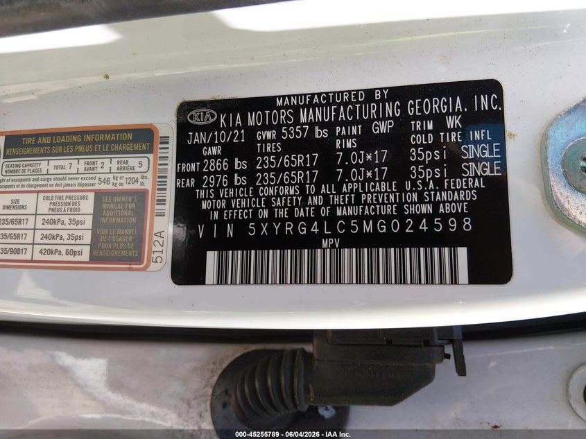2021 Kia Sorento VIN 5XYRG4LC5MG024598 IAAI salvage auction — RIGHT FRONT, Salvage (South Carolina), sold $25 on 2026-07-21 (photo 9)