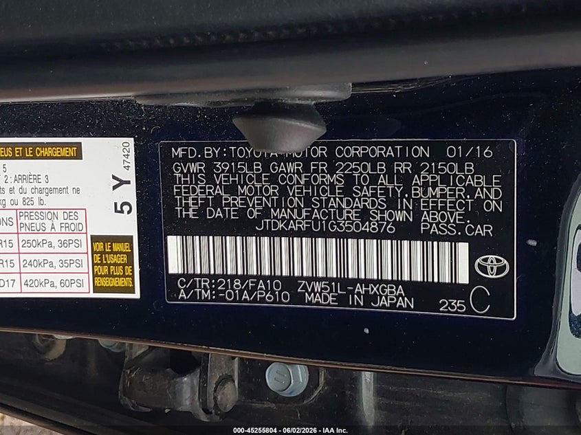 2016 Toyota Prius VIN JTDKARFU1G3504876 IAAI salvage auction — RIGHT REAR, Clear (Oklahoma), sold $3,650 on 2026-07-29 (photo 9)