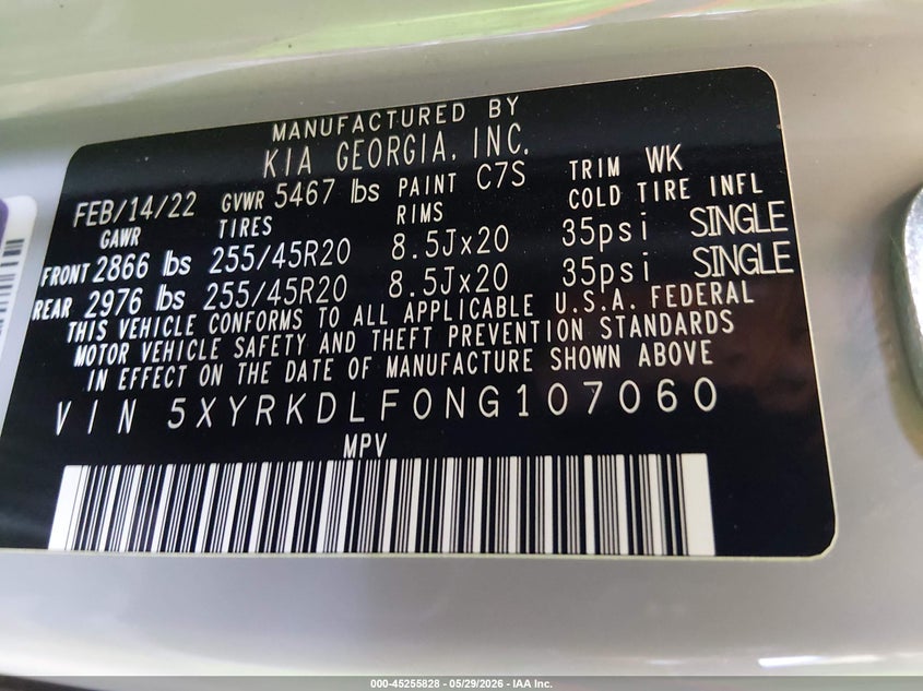 2022 Kia Sorento VIN 5XYRKDLF0NG107060 IAAI salvage auction — LEFT FRONT, Salvage Title, sold $8,100 on 2026-07-14 (photo 9)
