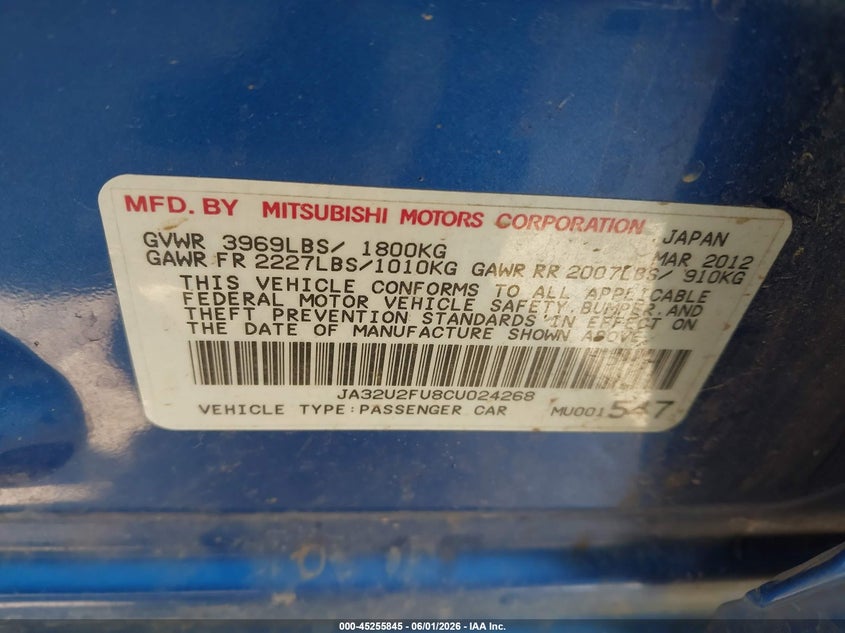 2012 Mitsubishi Lancer VIN JA32U2FU8CU024268 IAAI salvage auction — REAR END, Clear (Arizona), sold $175 on 2026-07-30 (photo 9)