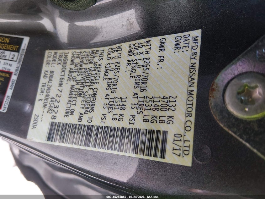 2017 Nissan Frontier VIN 1N6BD0CT6HN722328 IAAI salvage auction — NORMAL WEAR, Repossession Paperwork (Georgia), sold $7,075 on 2026-07-10 (photo 9)